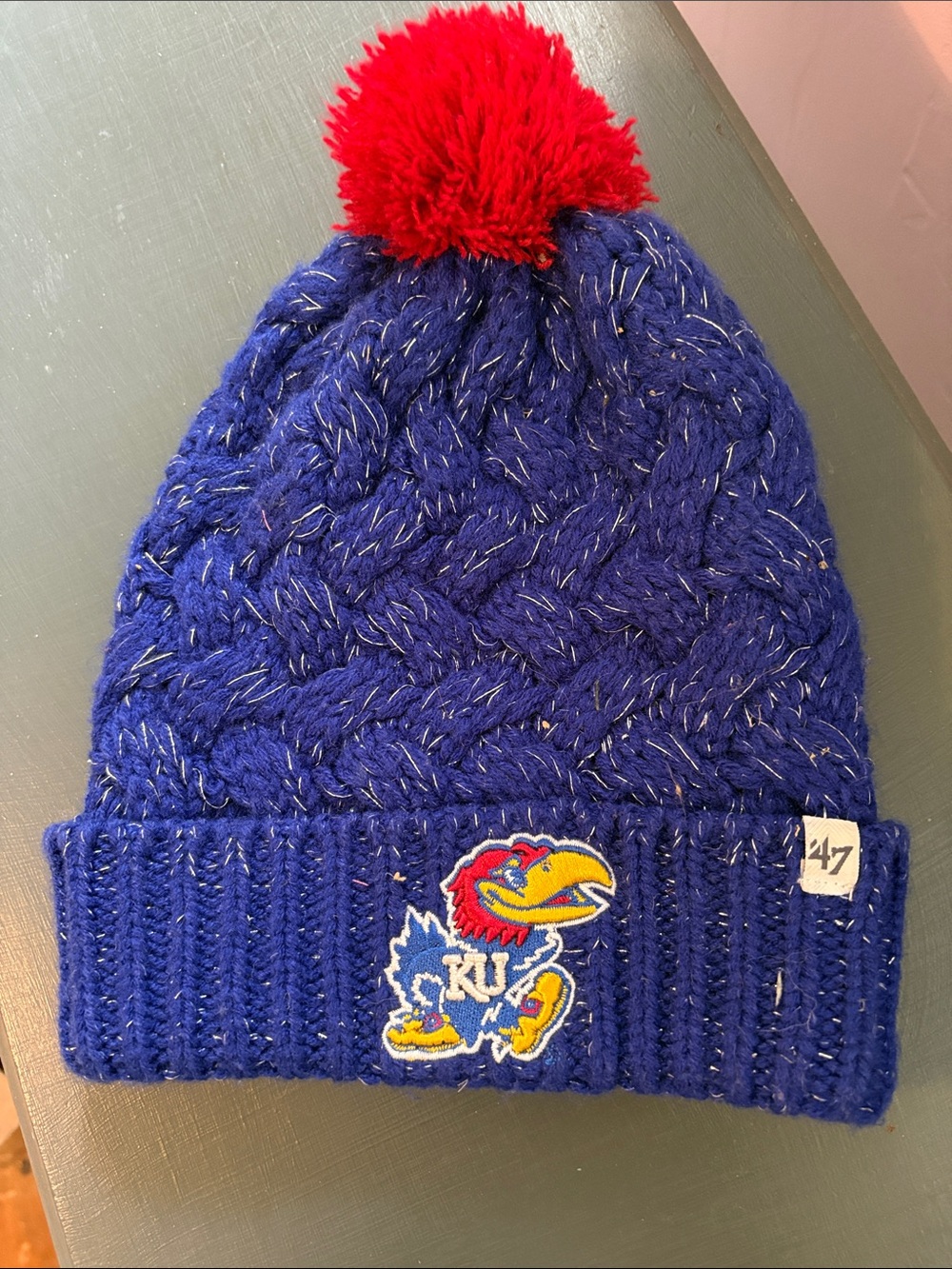 47 women’s Kansas Jayhawks Royal Blue Knit Beanie with Red Pom